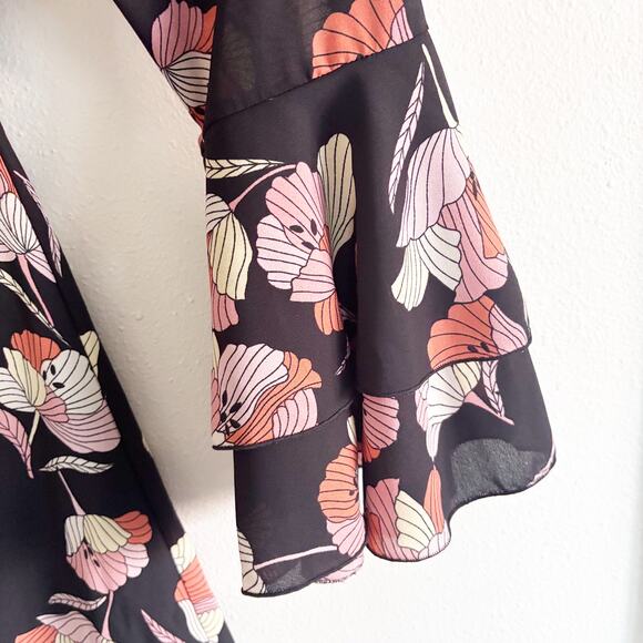 Who What Wear Dress Size L Black w/ Pink Cream Orange Floral Pattern Bell Sleeve - Picture 4 of 12